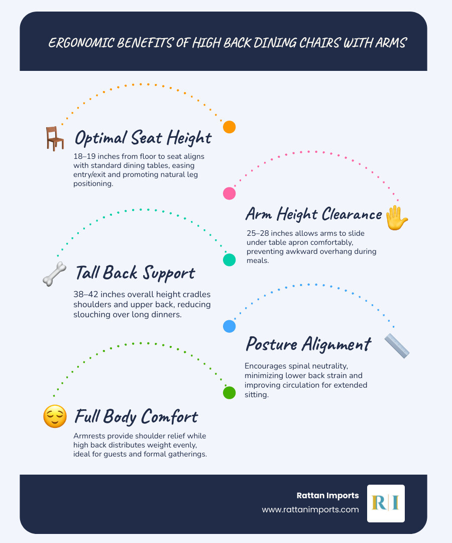 infographic showing ergonomic benefits of high back dining chairs with arms seat height arm height back support infographic
