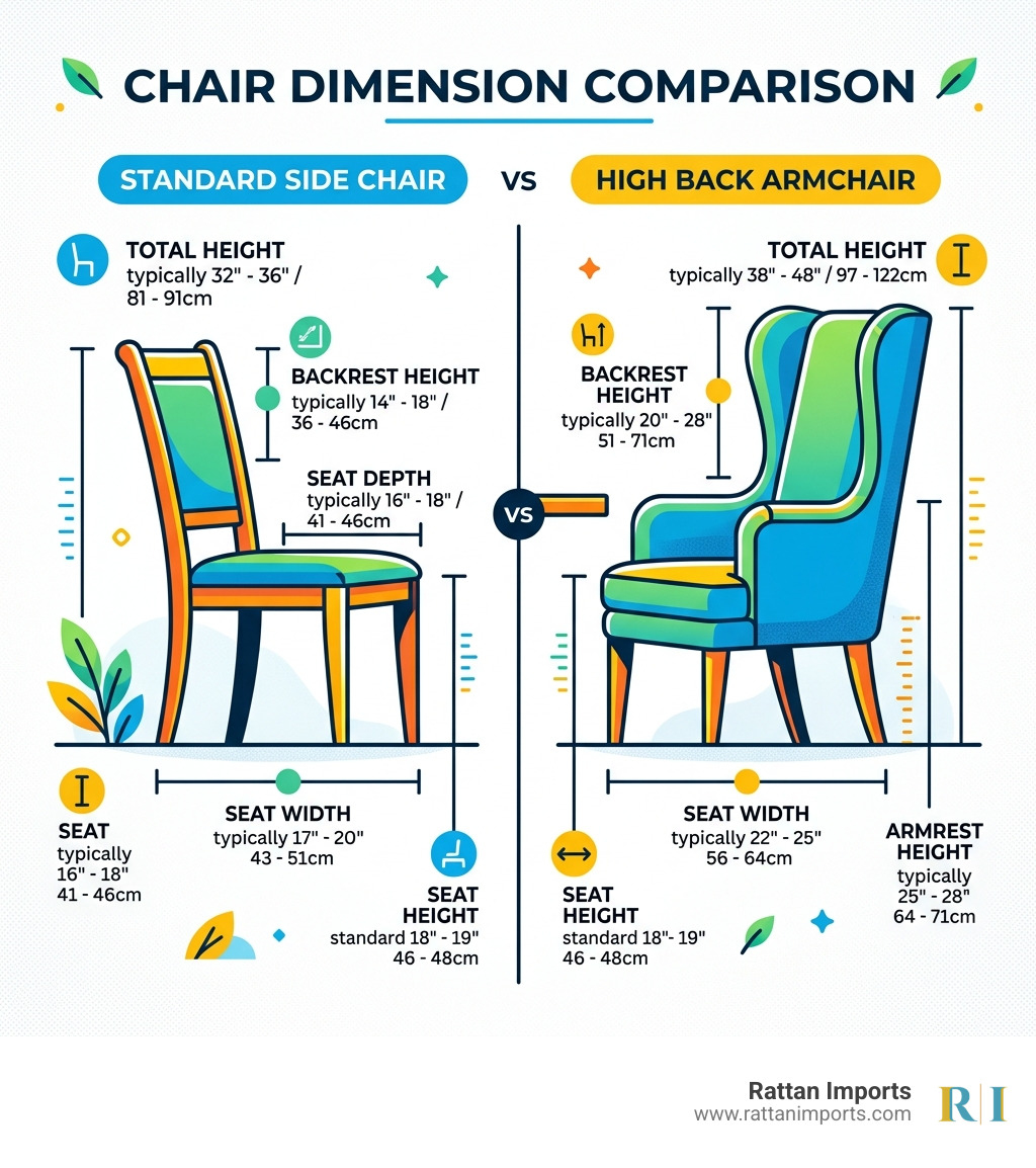 infographic comparing dimensions of high back armchairs vs standard side chairs infographic