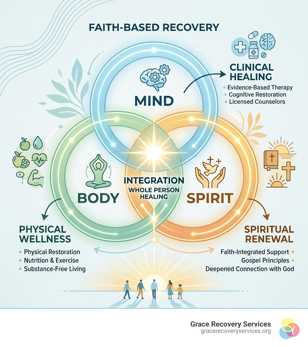 Mind-body-spirit connection in faith-based recovery showing integration of clinical, emotional, and spiritual healing Mind-body-spirit connection in faith-based recovery showing integration of clinical, emotional, and spiritual healing