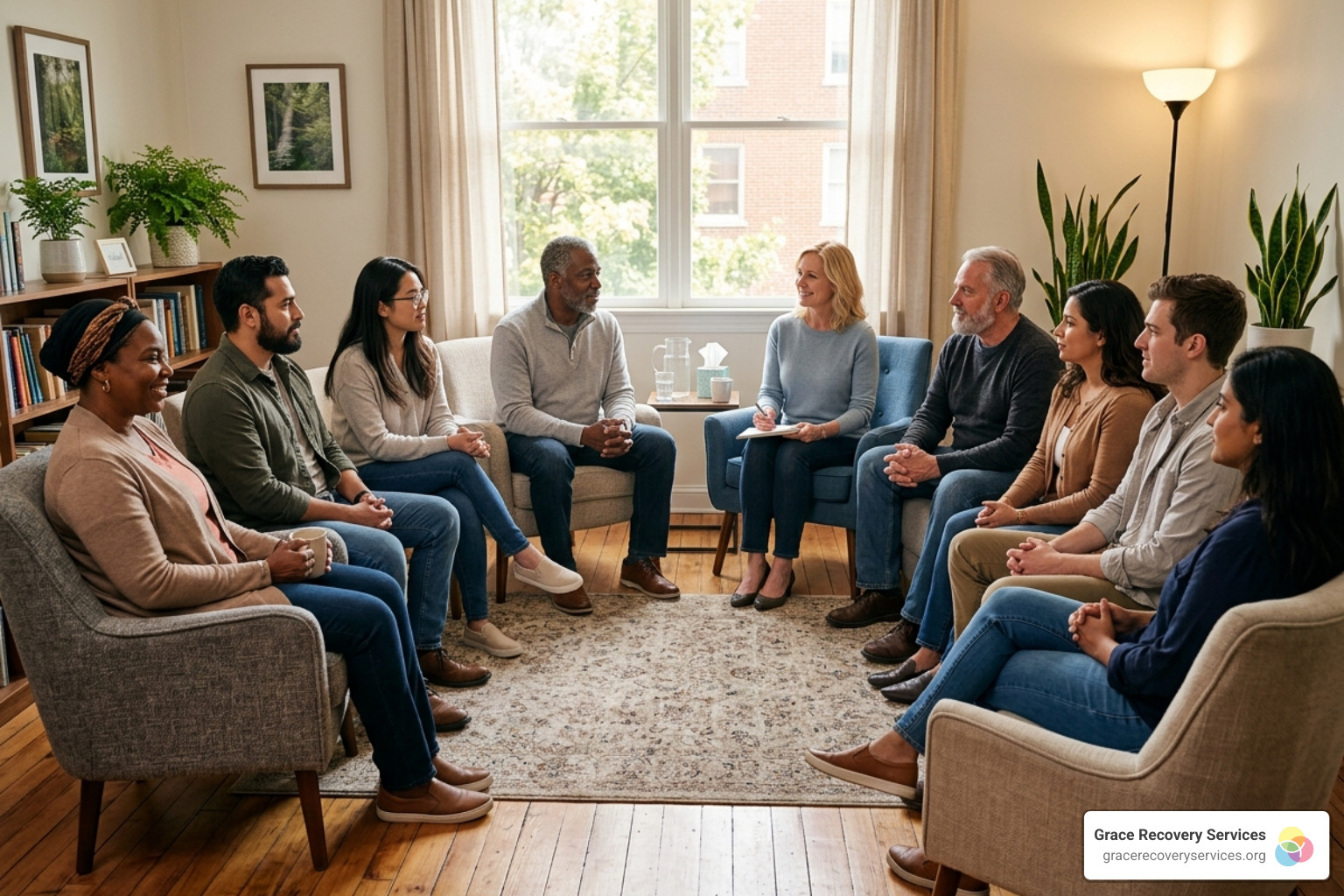 A supportive group circle in a warm clinical setting A supportive group circle in a warm clinical setting