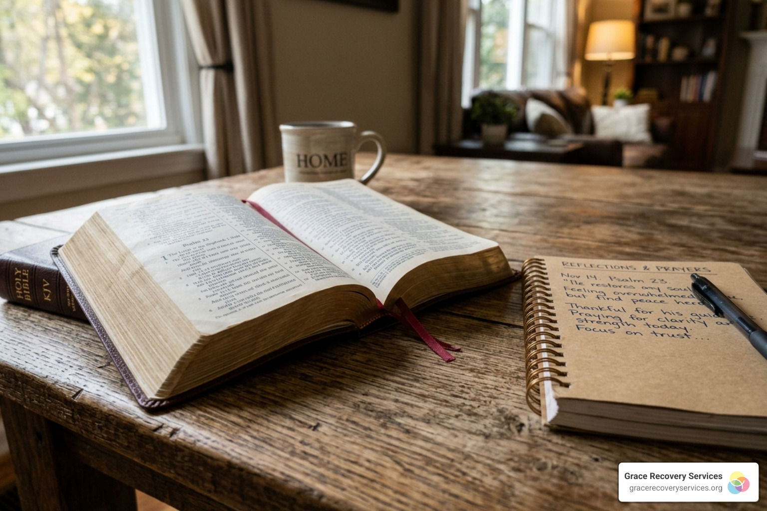A Bible and notebook on a wooden table representing spiritual reflection A Bible and notebook on a wooden table representing spiritual reflection