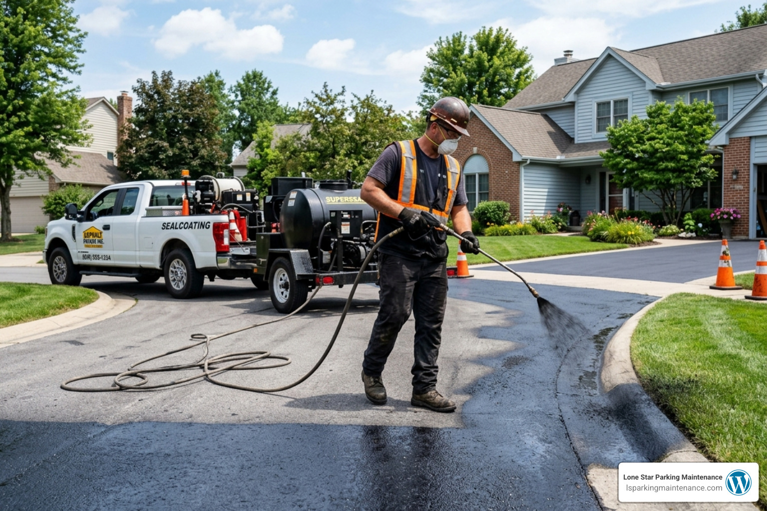contractor using a pressurized spray wand for sealcoating contractor using a pressurized spray wand for sealcoating