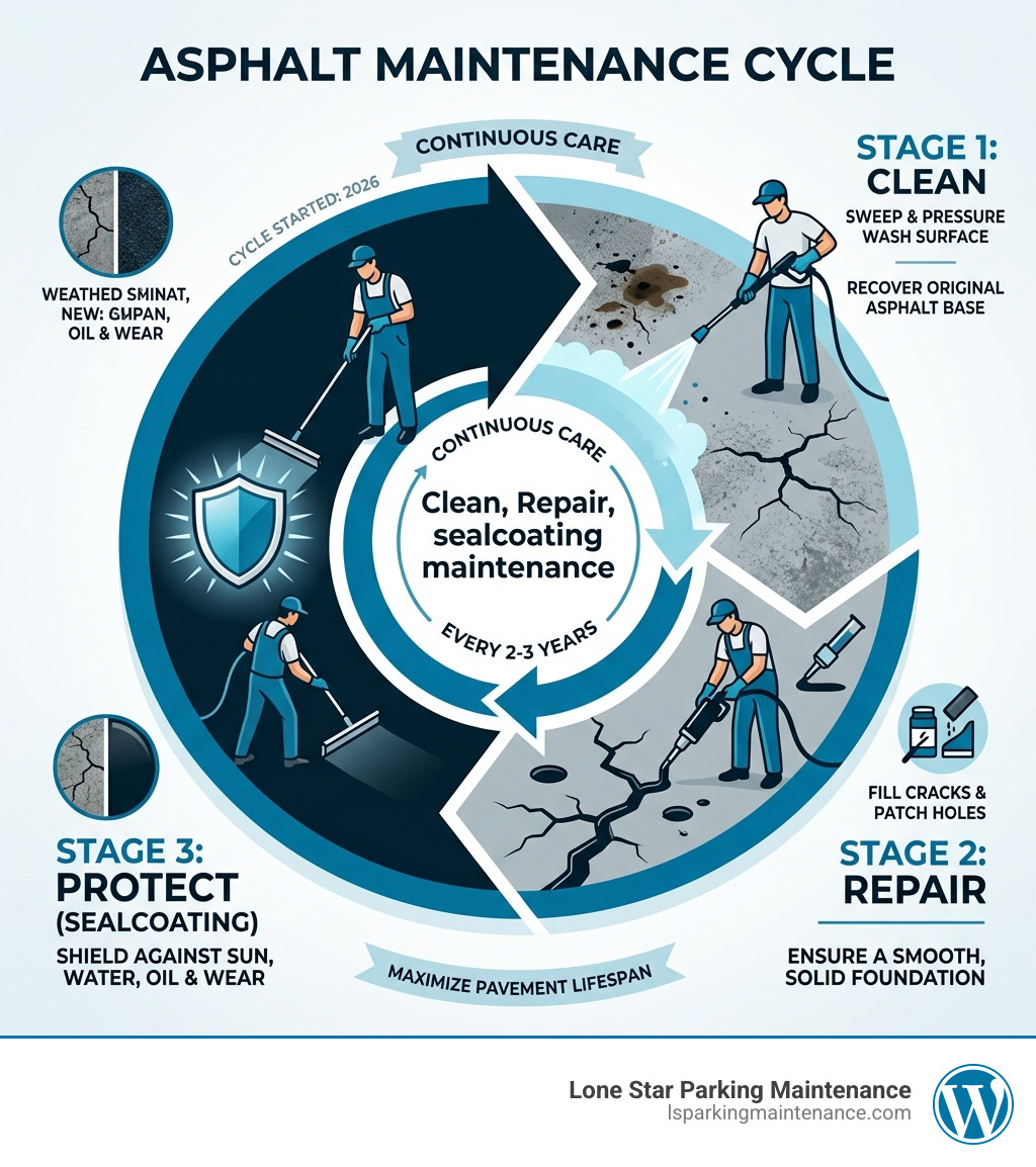 Clean, Repair, Protect sealcoating maintenance cycle infographic infographic Clean, Repair, Protect sealcoating maintenance cycle infographic infographic