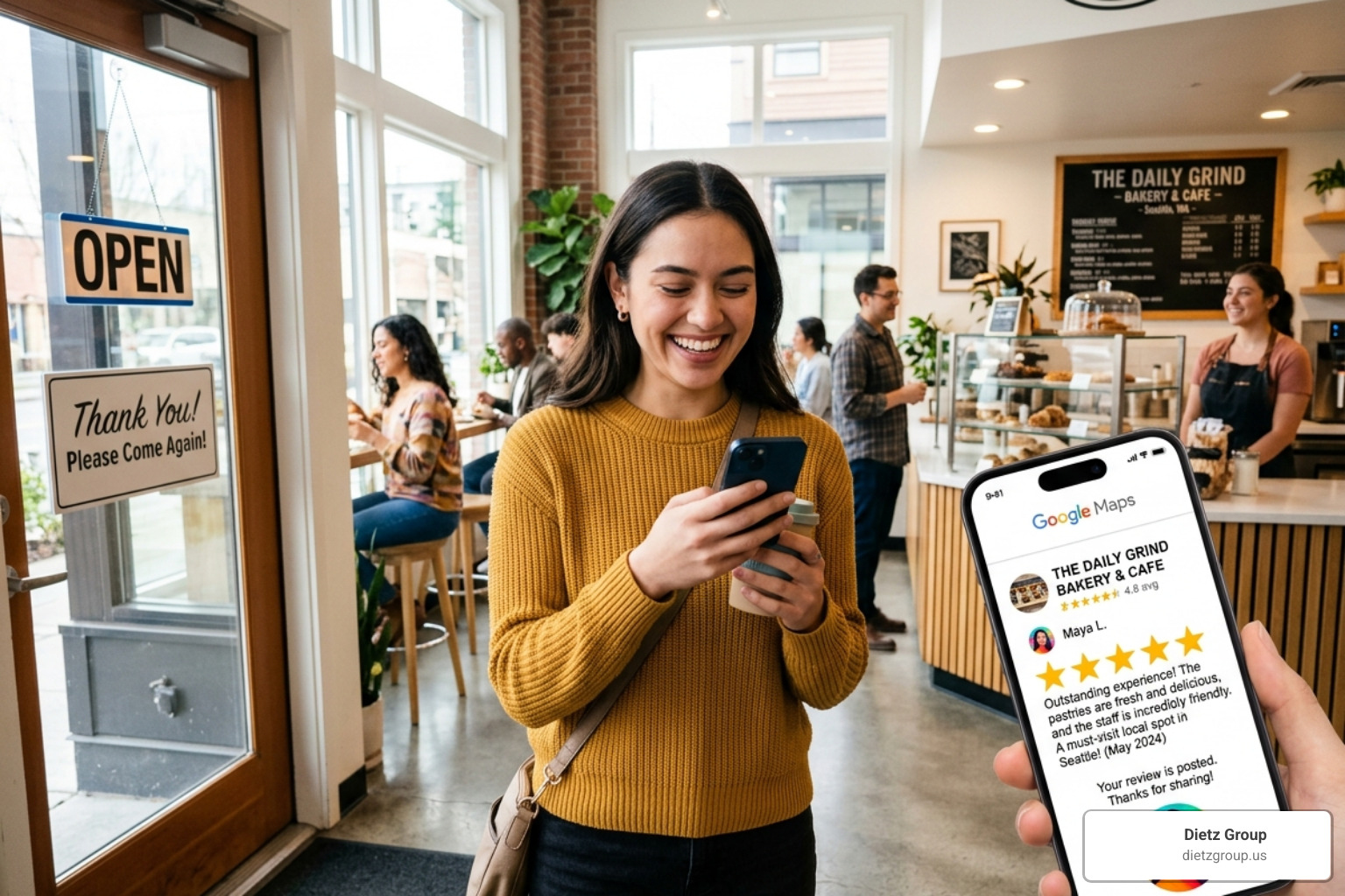 A customer leaving a glowing 5-star review on a smartphone for a local business