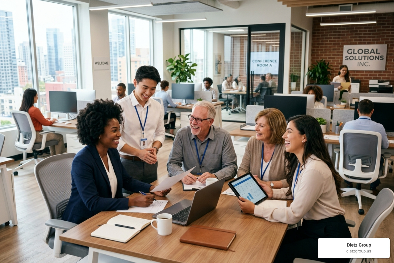 High-quality business photos showing a clean office interior and friendly staff members