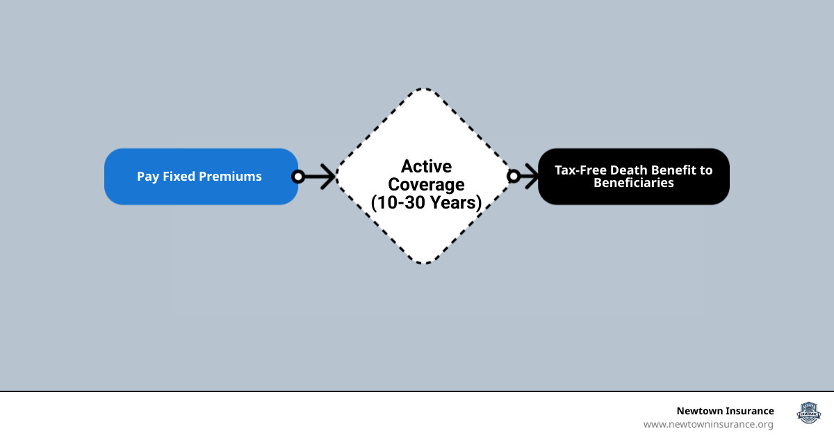 Infographic showing how basic term life insurance works: pay premiums, coverage lasts 10-30 years, beneficiary receives Infographic showing how basic term life insurance works: pay premiums, coverage lasts 10-30 years, beneficiary receives