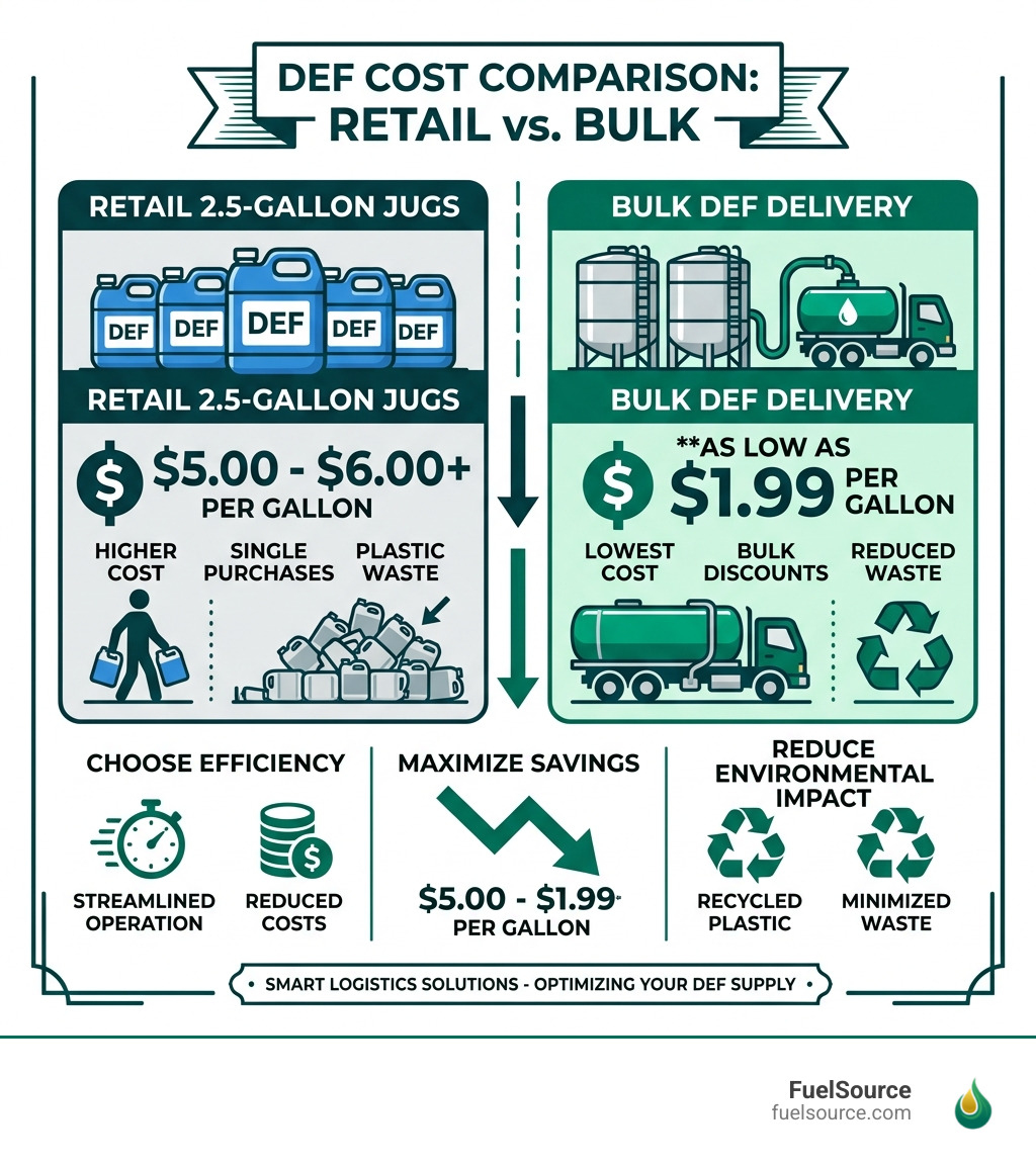 Table comparing the cost of retail 2.5-gallon jugs vs. bulk DEF delivery, showing bulk rates as low as $1.99 per gallon