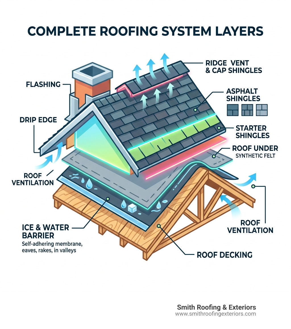 Infographic showing the layers of a complete roofing system from decking to shingles infographic Infographic showing the layers of a complete roofing system from decking to shingles infographic
