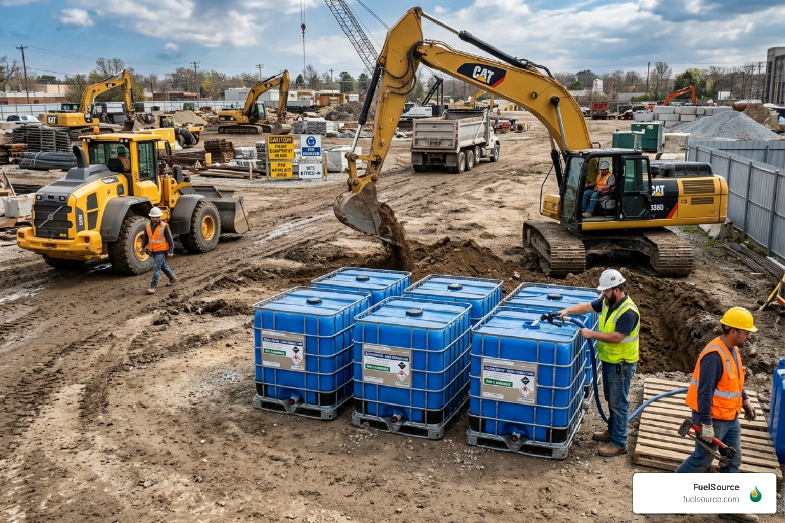 330-gallon DEF totes being staged on a construction job site for easy equipment access