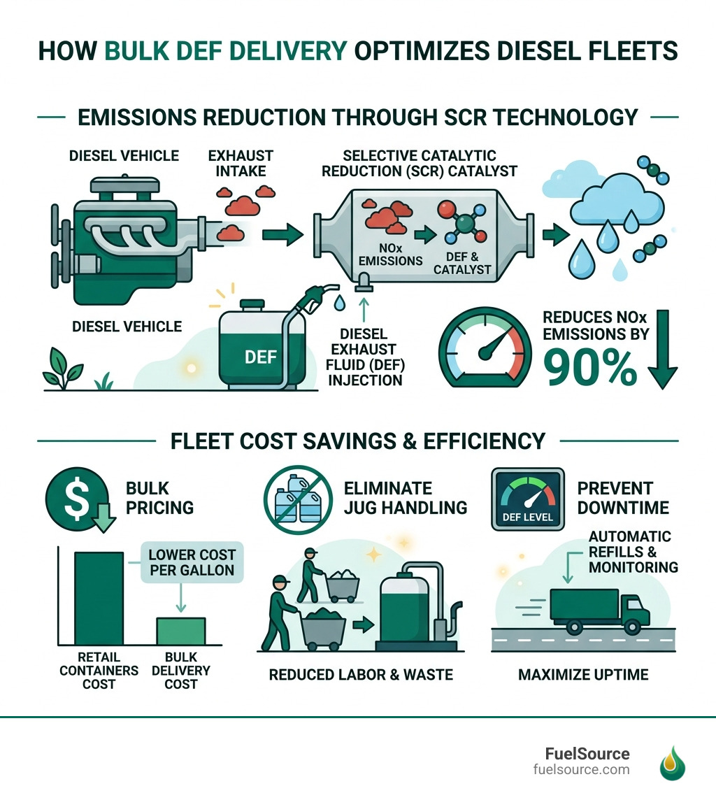 Infographic showing how bulk DEF delivery reduces NOx emissions by 90% through SCR technology and fleet cost savings