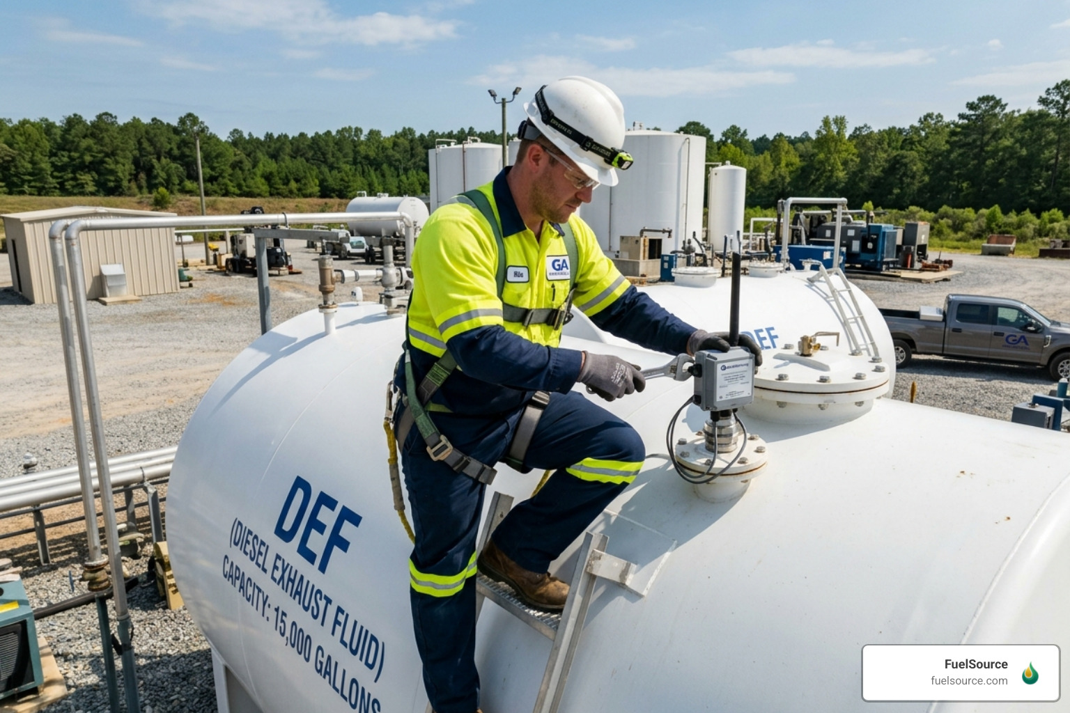 Technician installing a remote tank monitoring sensor on a bulk DEF storage tank