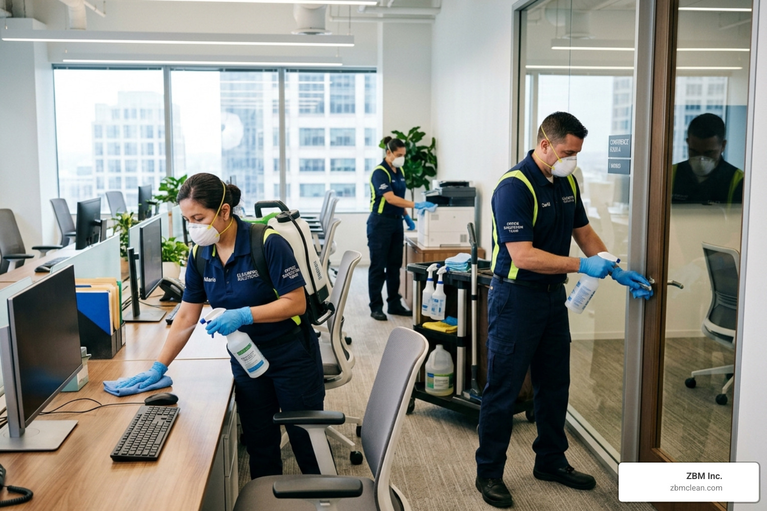Professional cleaning crew meticulously disinfecting a modern workspace Professional cleaning crew meticulously disinfecting a modern workspace