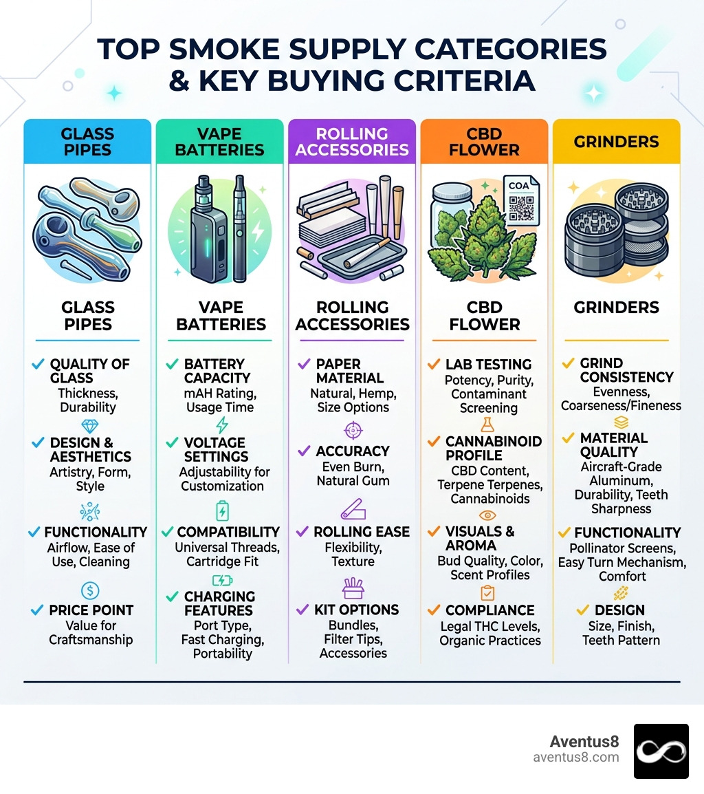 Infographic showing top smoke supply categories: glass pipes, vape batteries, rolling accessories, CBD flower, and grinders Infographic showing top smoke supply categories: glass pipes, vape batteries, rolling accessories, CBD flower, and grinders
