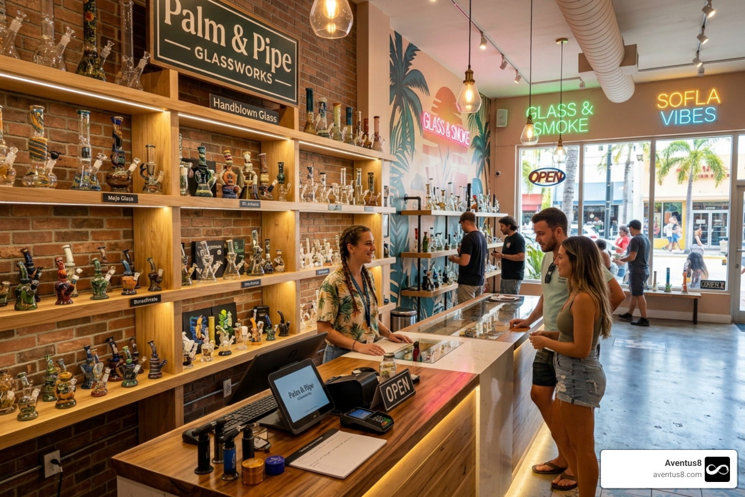 Modern smoke shop interior on Hollywood Blvd featuring curated glass displays Modern smoke shop interior on Hollywood Blvd featuring curated glass displays