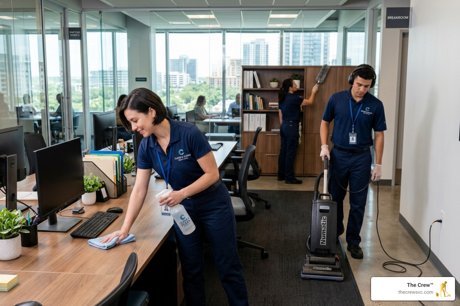 professional cleaning team in uniform performing a standard office clean professional cleaning team in uniform performing a standard office clean