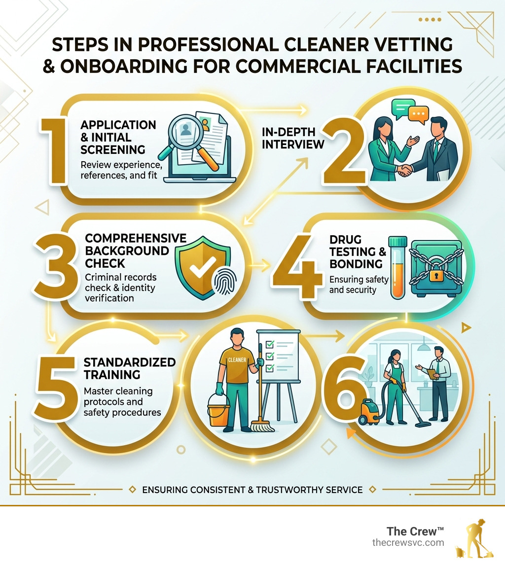 Steps in the professional cleaner vetting and onboarding process for commercial facilities infographic Steps in the professional cleaner vetting and onboarding process for commercial facilities infographic