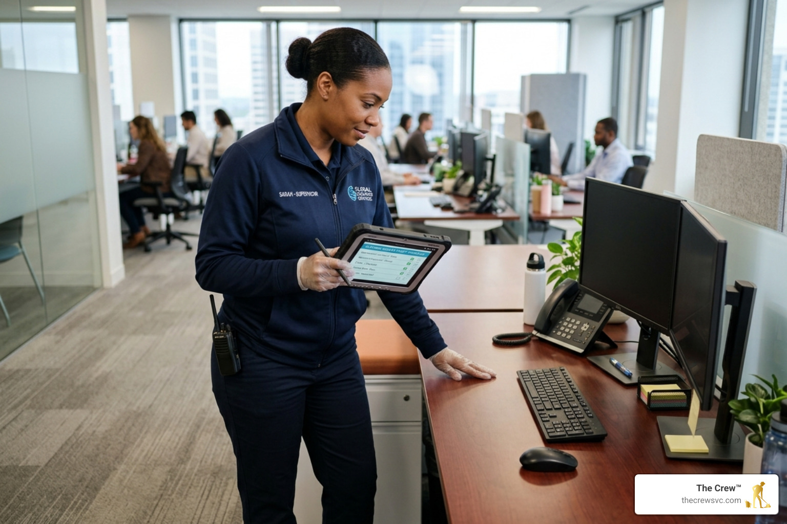 cleaning supervisor performing a quality audit with a digital checklist cleaning supervisor performing a quality audit with a digital checklist