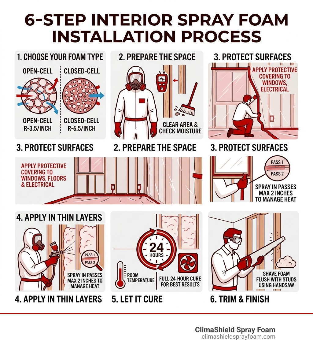 6-step interior spray foam installation process infographic showing foam type selection through final trim infographic 6-step interior spray foam installation process infographic showing foam type selection through final trim infographic