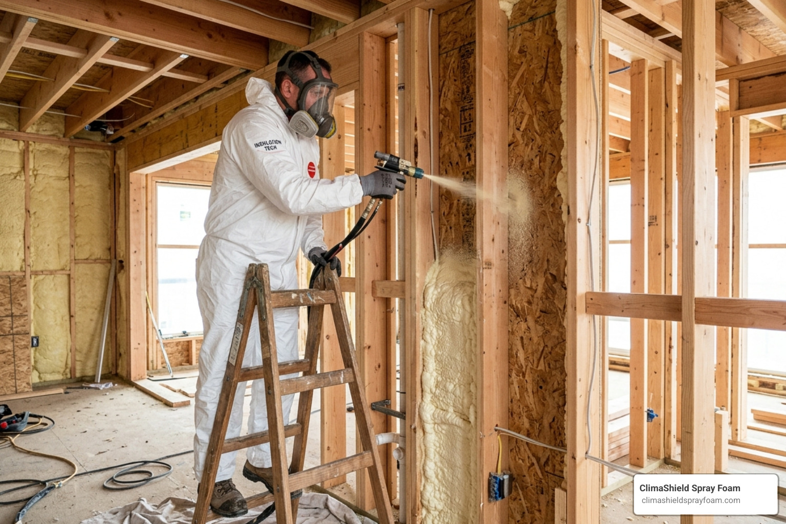 Technician spraying foam into an open wall cavity between studs Technician spraying foam into an open wall cavity between studs