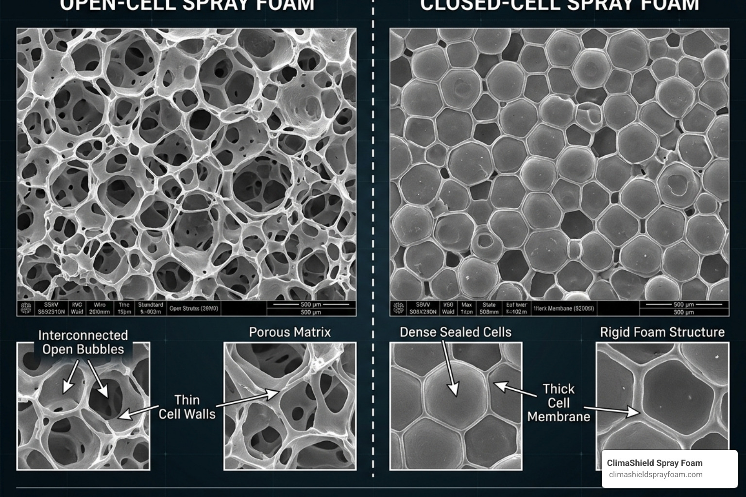 Comparison of open-cell and closed-cell foam microscopic structure Comparison of open-cell and closed-cell foam microscopic structure