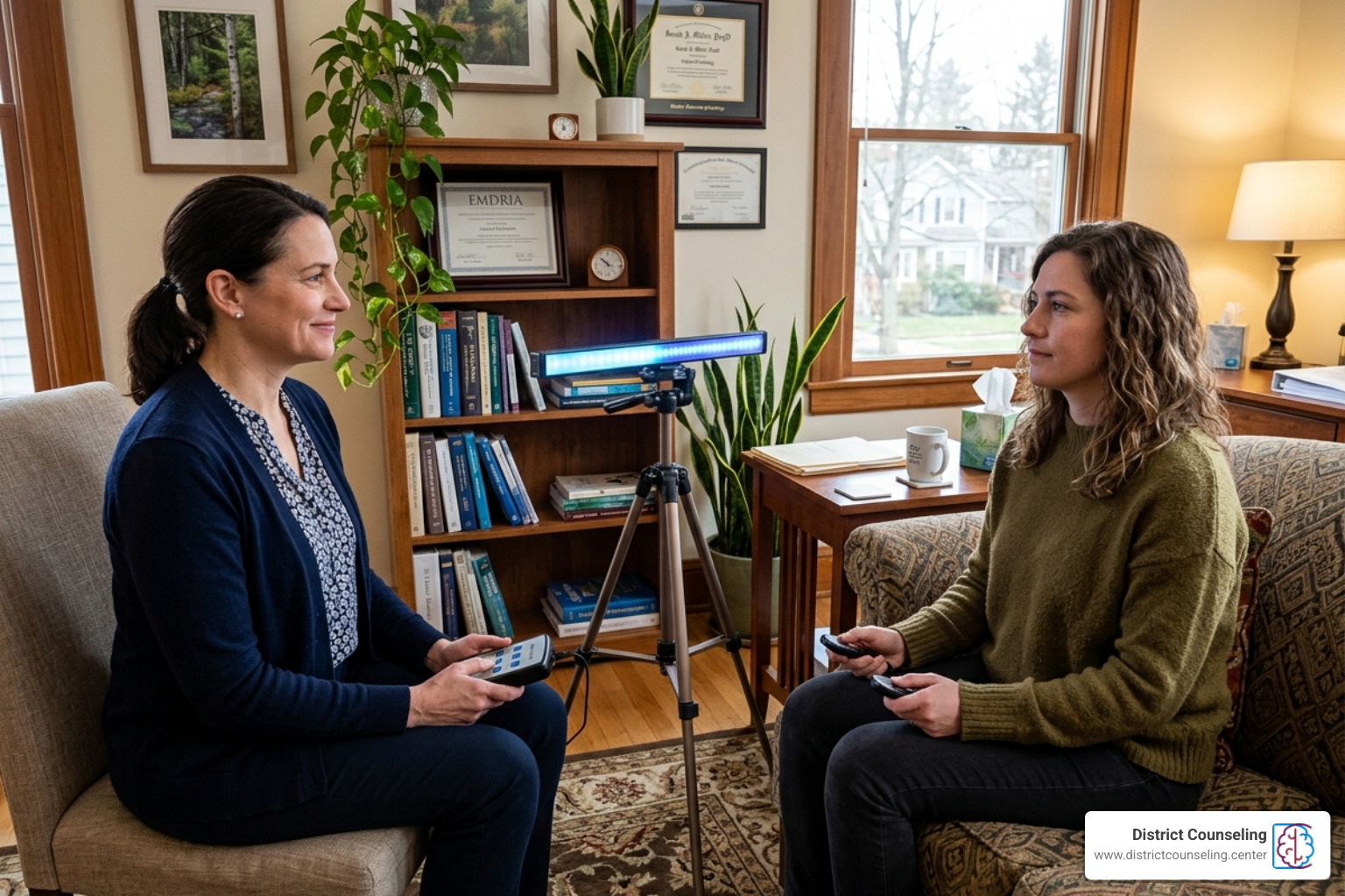 Therapist using bilateral stimulation tools