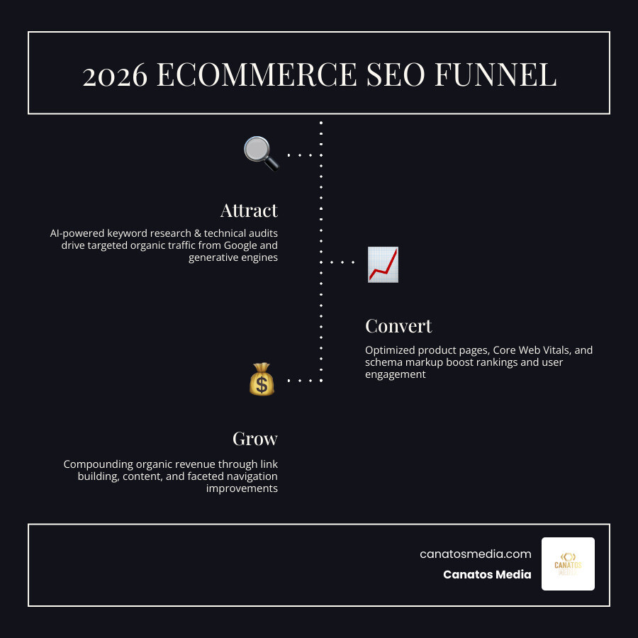 2026 ecommerce SEO funnel showing traffic to conversions to organic revenue growth infographic