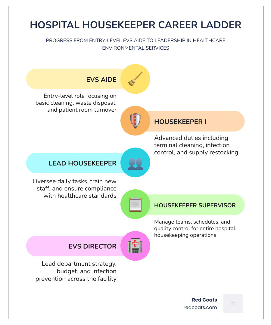 Career ladder infographic from EVS Aide to Housekeeping Supervisor in a hospital setting infographic