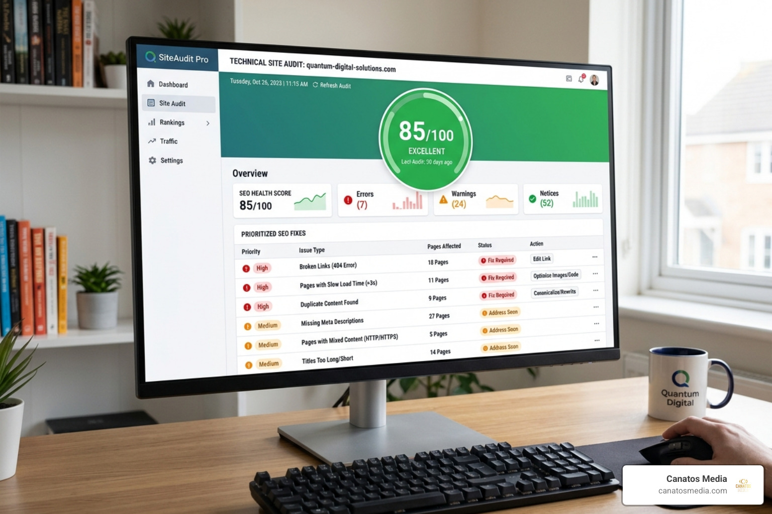 A technical SEO site audit showing a health score and list of prioritized fixes