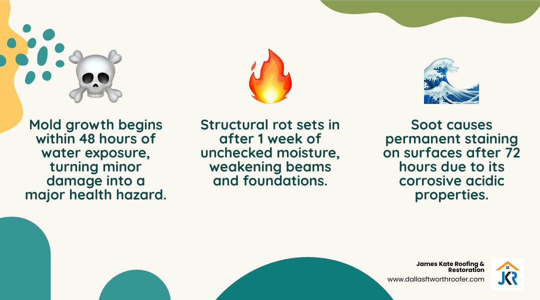 Infographic showing the cost of delay: Mold growth at 48 hours, soot permanent staining at 72 hours, and structural rot Infographic showing the cost of delay: Mold growth at 48 hours, soot permanent staining at 72 hours, and structural rot