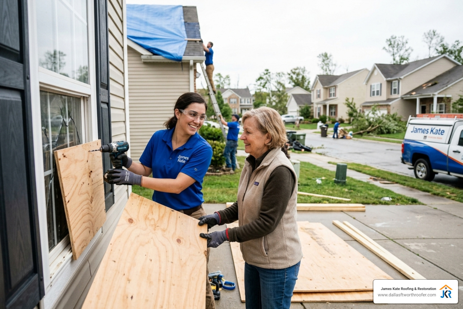 James Kate team member in a royal blue shirt helping a homeowner secure their property after a storm James Kate team member in a royal blue shirt helping a homeowner secure their property after a storm
