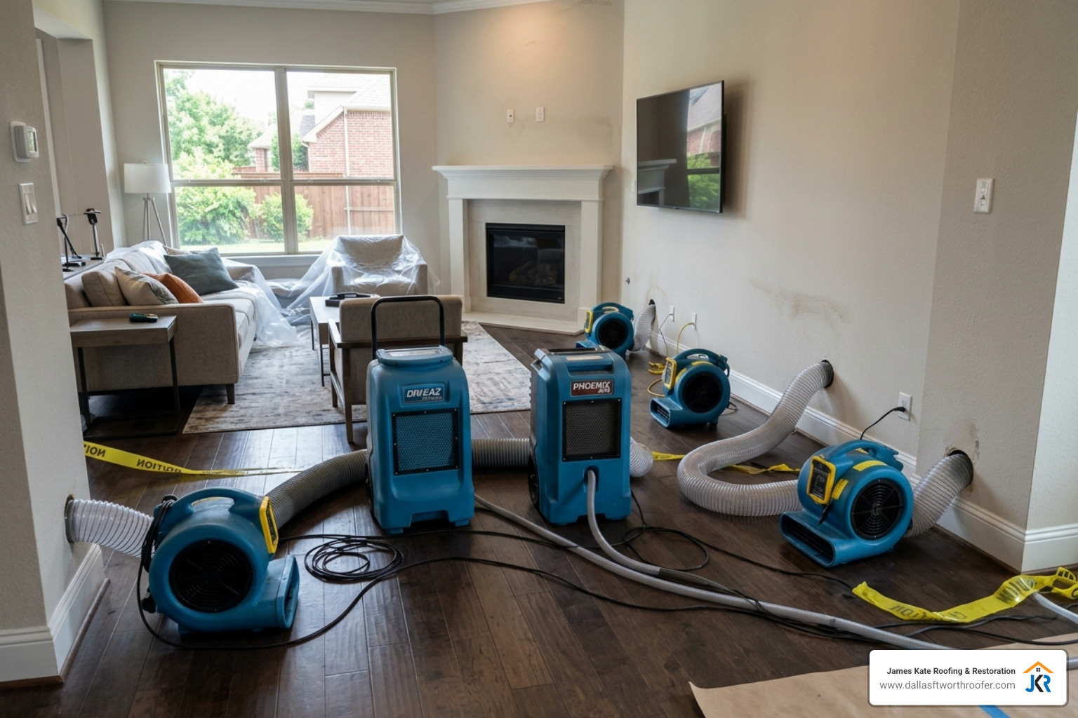 Structural drying equipment including air movers and dehumidifiers in a DFW home Structural drying equipment including air movers and dehumidifiers in a DFW home