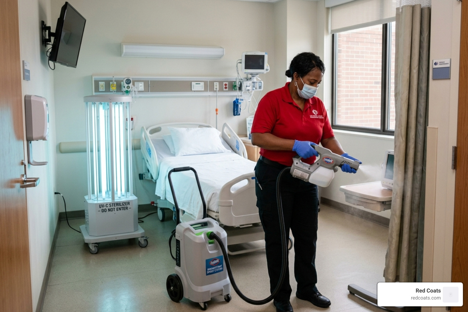 Specialized medical cleaning equipment used by a housekeeper in a red shirt and black pants