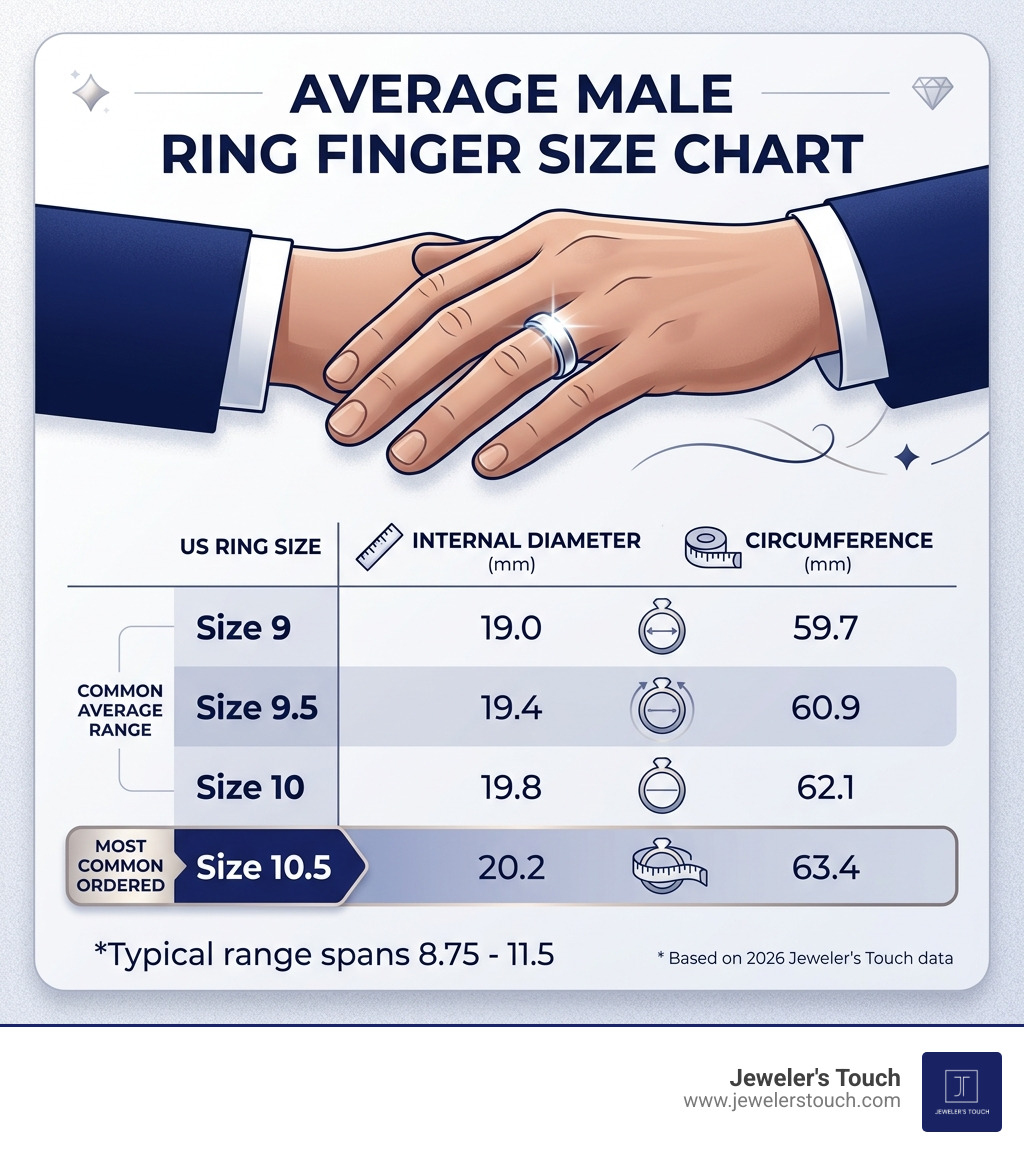 Infographic showing average male ring finger size chart with US sizes, diameters, and circumferences infographic Infographic showing average male ring finger size chart with US sizes, diameters, and circumferences infographic