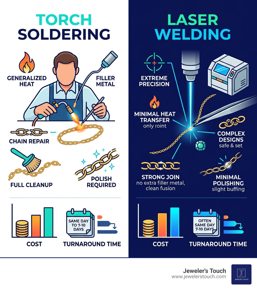 infographic comparing torch soldering vs laser welding for chain repair, costs, and turnaround times infographic infographic comparing torch soldering vs laser welding for chain repair, costs, and turnaround times infographic