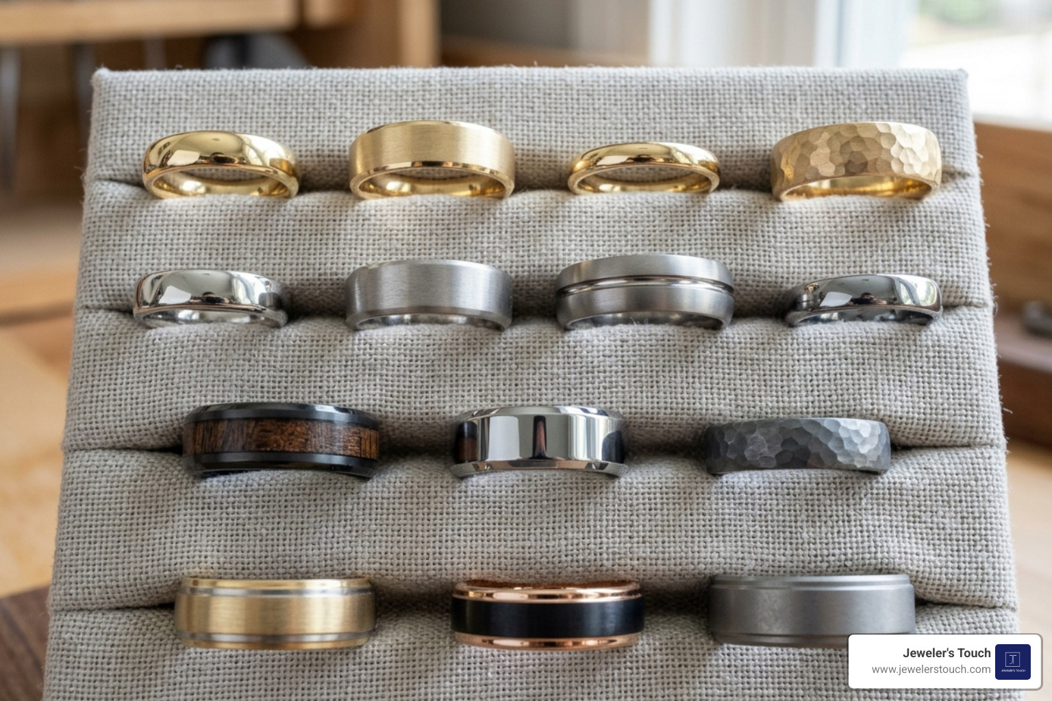 Selection of various men's wedding bands in gold, platinum, and alternative metals Selection of various men's wedding bands in gold, platinum, and alternative metals
