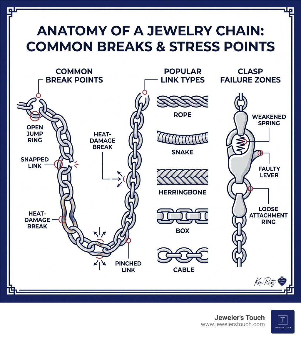 Anatomy of a jewelry chain showing common break points, link types, and clasp failure zones infographic Anatomy of a jewelry chain showing common break points, link types, and clasp failure zones infographic
