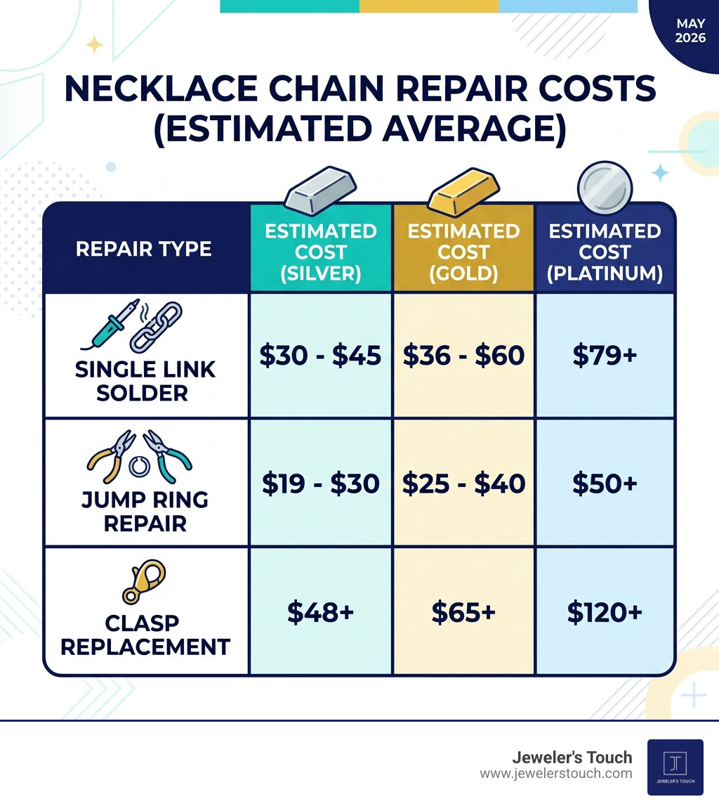 Table showing average costs for necklace chain repair by metal type infographic Table showing average costs for necklace chain repair by metal type infographic
