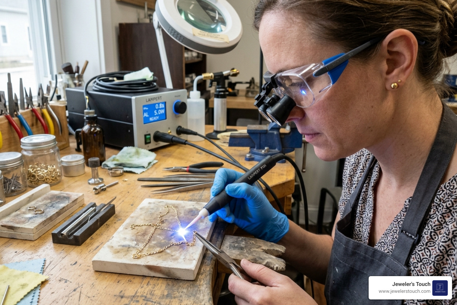 jeweler using a laser welder for precise chain repair jeweler using a laser welder for precise chain repair