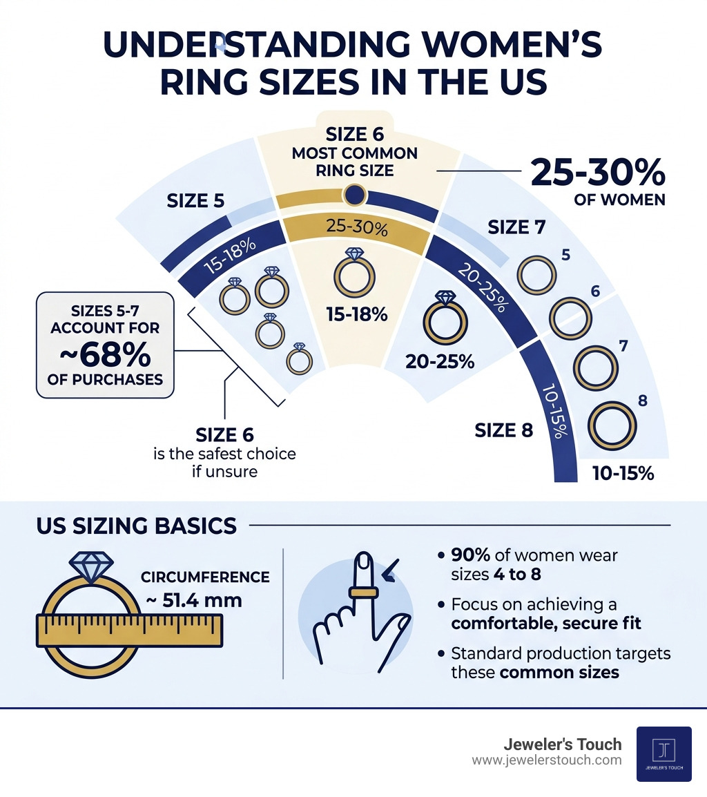 infographic showing most common women's ring sizes, size distribution chart, and US sizing basics infographic infographic showing most common women's ring sizes, size distribution chart, and US sizing basics infographic