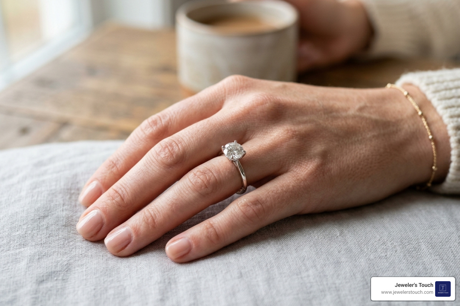 A size 6 diamond ring being worn on a woman's ring finger A size 6 diamond ring being worn on a woman's ring finger