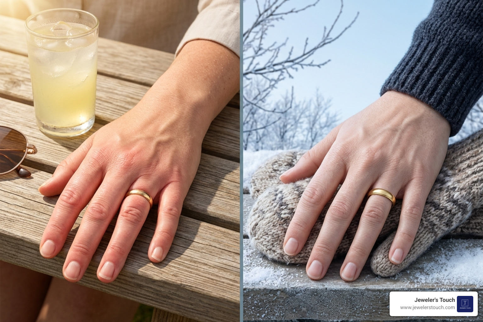 Illustration showing how fingers swell in hot weather versus shrinking in cold weather Illustration showing how fingers swell in hot weather versus shrinking in cold weather