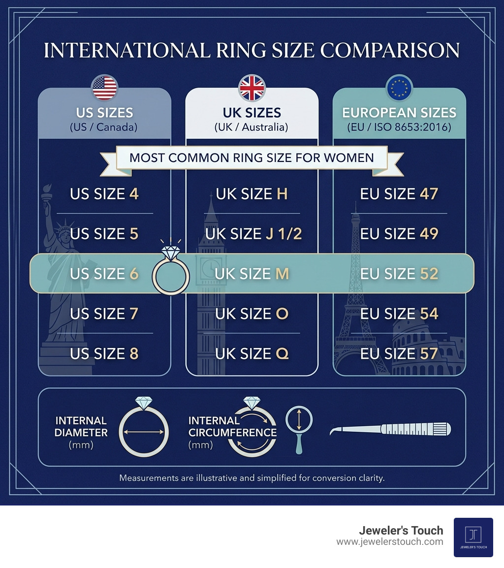 Infographic comparing US, UK, and European ring sizing systems infographic Infographic comparing US, UK, and European ring sizing systems infographic