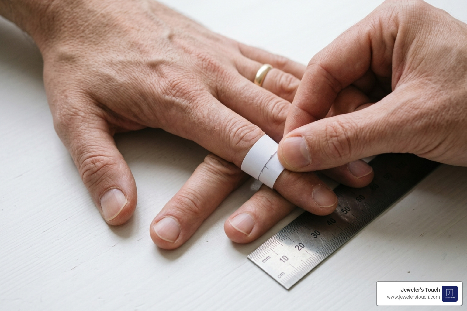 Man measuring his pinky finger with a strip of paper and a ruler Man measuring his pinky finger with a strip of paper and a ruler