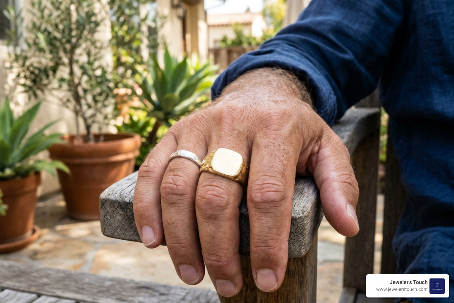 Comparison of a slim 4mm band versus a chunky 12mm signet ring on a male hand Comparison of a slim 4mm band versus a chunky 12mm signet ring on a male hand