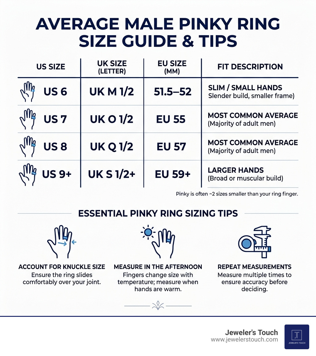 Infographic showing average male pinky ring sizes in US, UK, and EU with sizing tips infographic Infographic showing average male pinky ring sizes in US, UK, and EU with sizing tips infographic