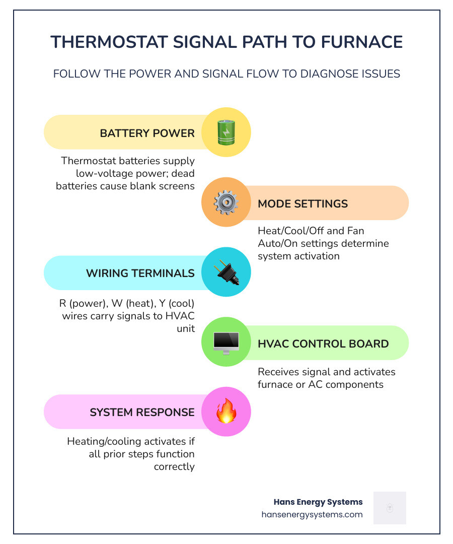 Infographic showing signal path from thermostat to furnace, including battery power, mode settings, wiring terminals, and