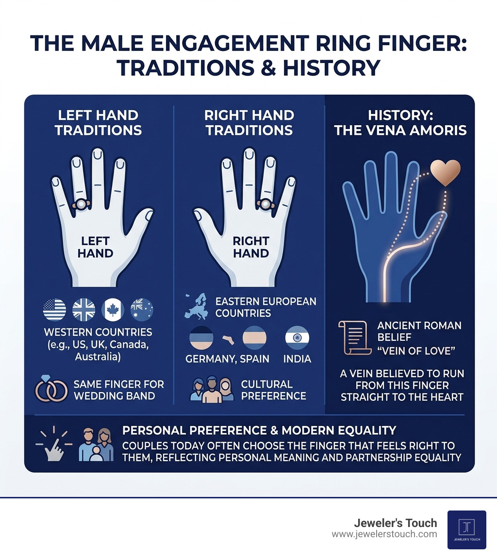 Infographic showing engagement ring finger for male: left vs right hand traditions and Vena Amoris history infographic