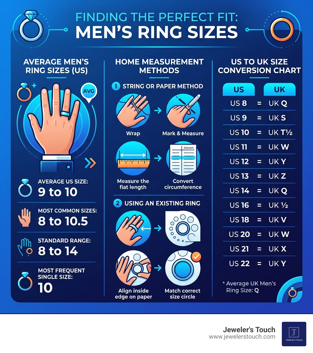 Infographic showing average mens ring sizes, measurement methods, and US to UK size conversion chart infographic Infographic showing average mens ring sizes, measurement methods, and US to UK size conversion chart infographic