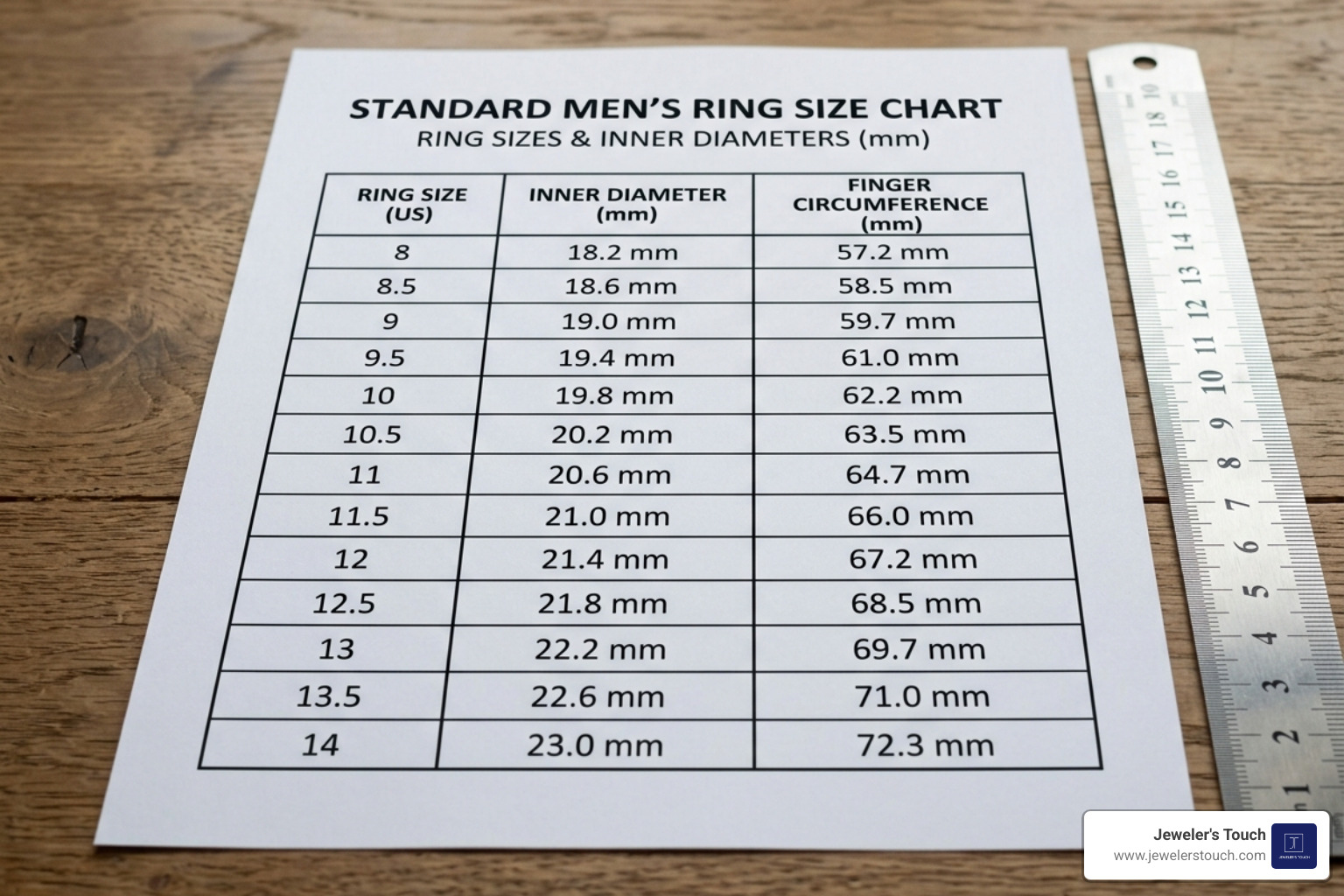 Standard ring size chart showing diameters in millimeters for sizes 8 through 14 Standard ring size chart showing diameters in millimeters for sizes 8 through 14