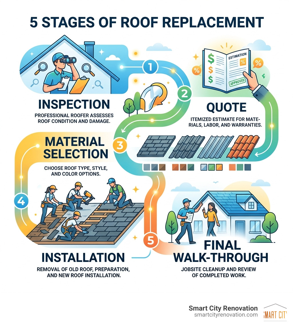 5 stages of roof replacement: inspection, quote, material selection, installation, final walk-through infographic 5 stages of roof replacement: inspection, quote, material selection, installation, final walk-through infographic